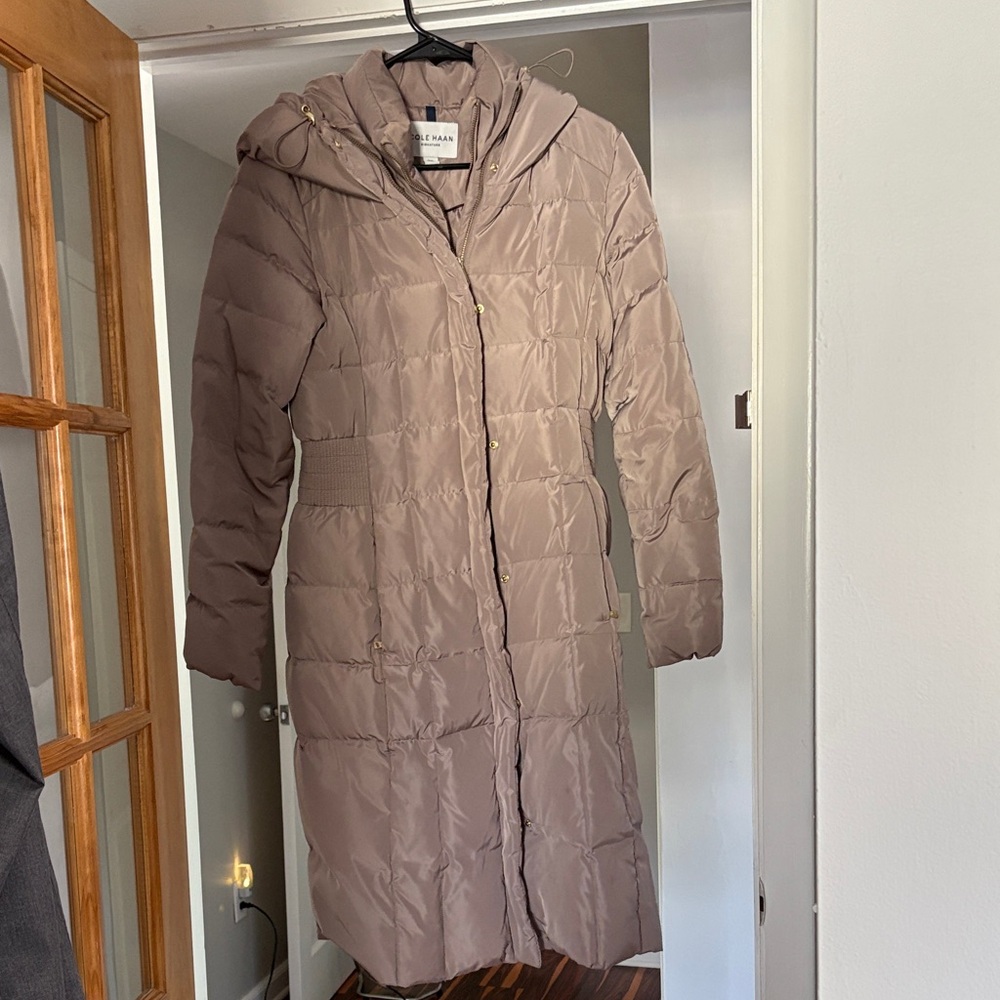 Cole Haan Taupe Hooded Puffer Jacket